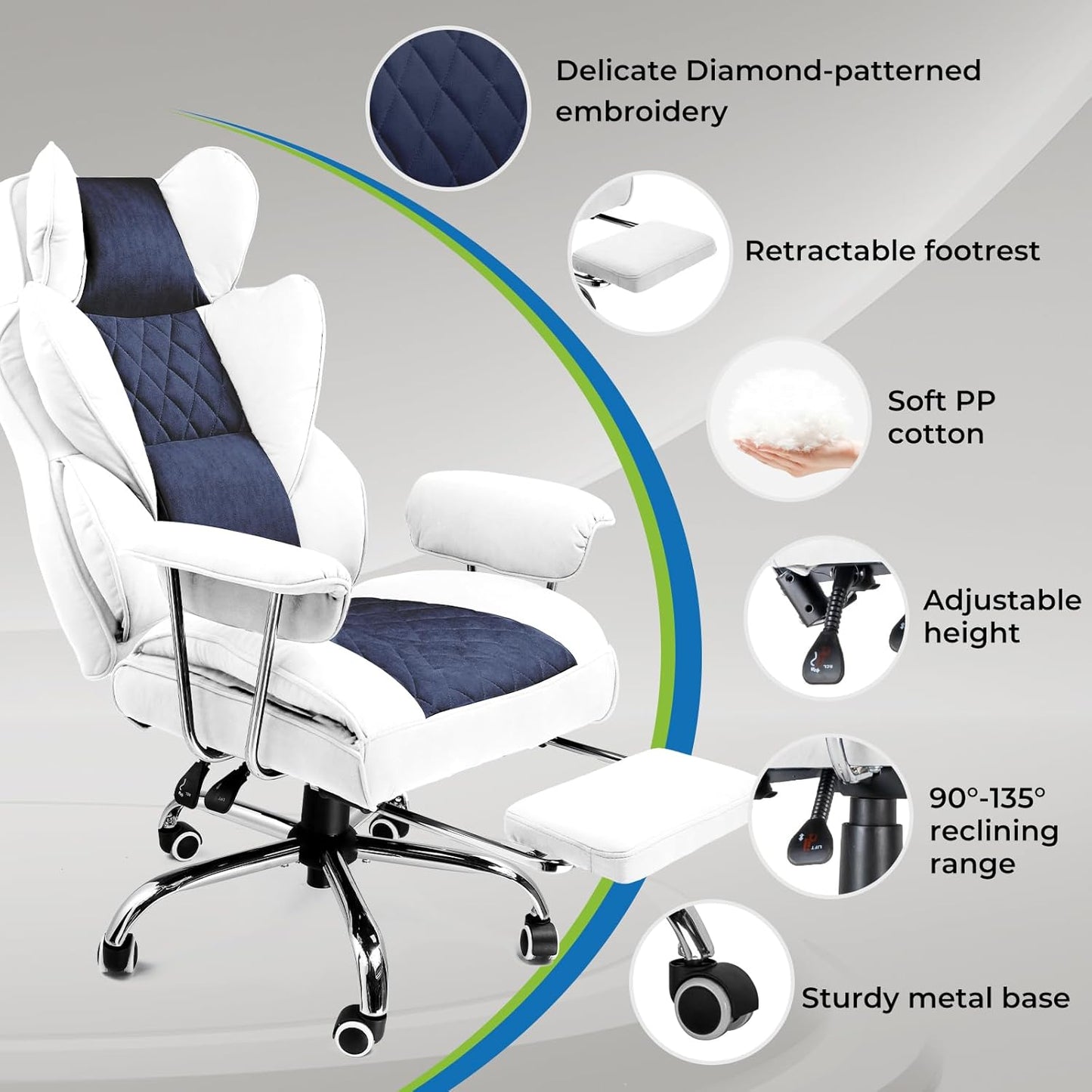 GTRACING Gaming Chair,Office Chair with Pocket Spring Lumbar Support, Ergonomic Comfortable Wide Office Desk Computer Chair with Outward Fixed Soft Armrests and Footrest (Fabric, Light Blue & White)