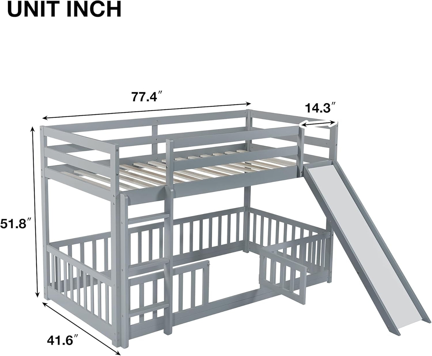 Ball & Cast Bunk Bed Twin Over Twin with Storage Staircase & Slide,Pine Solid Wood Bunk Bed Frame with Safety Guardrails,Floor Bunk Beds for Kids,Teens,No Box Spring Needed,Grey