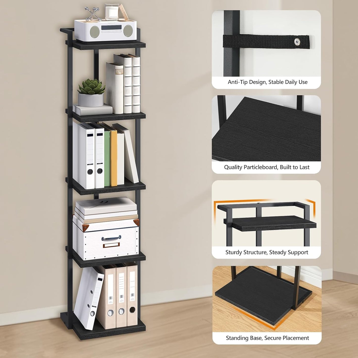 Bookshelf, 5-Tier Bookcase, Vertical Tall Narrow Book Shelf for Small Space, Open Storage Display Shelf with Stable Base & Anti-Tip Kits, for Living Room, Office, Study, Black BKBK11501
