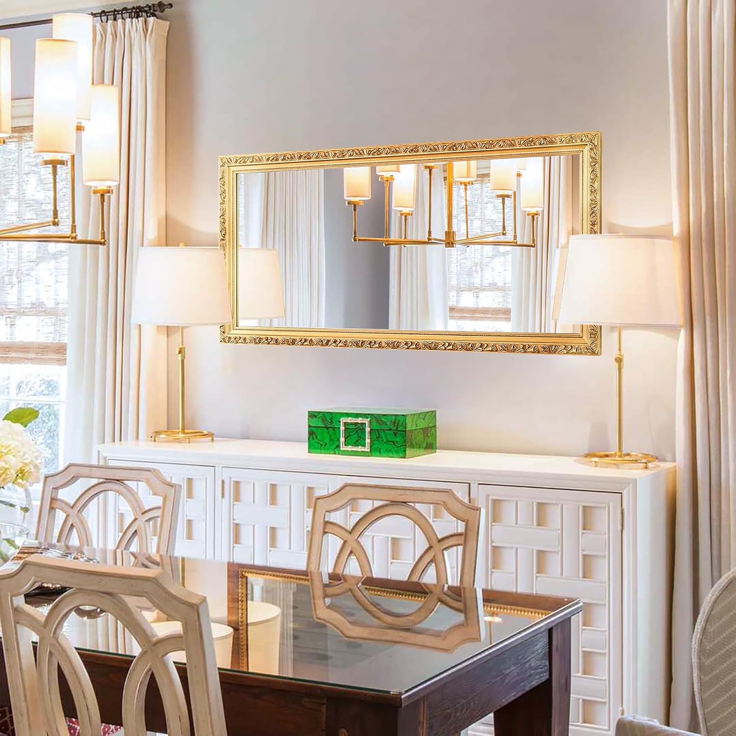 Large Vintage Mirror for Wall, 46''x 22'' Gold Antiuqe Living Room Mirror with Ornate Wood Frame, Decorative Mirrors for Entryway, Bathroom, Foyer, Hangs Horizontally or Vertically