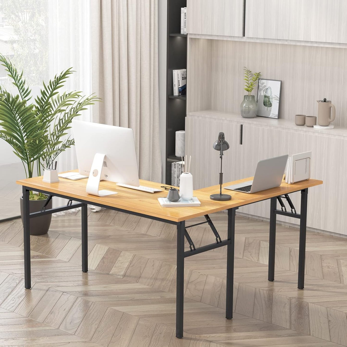 DlandHome Reversible L-Shaped Desk Large Corner Desk Folding Table Computer Desk Home Office Table Computer Workstation,Teak Black-N