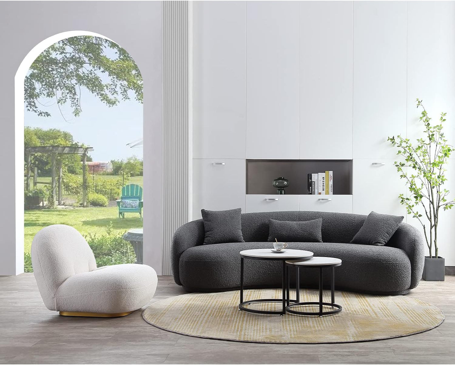 Acanva Mid Century Modern Curved Living Room Sofa, 4-Seat Boucle Fabric Couch for Bedroom, Office, Apartment, Grey