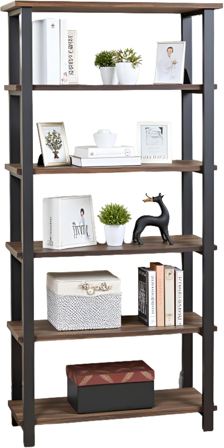 Pomona 6-Tier Bookcase – 70" Tall Solid Wood with Metal Frame Bookshelf – Durable Industrial Storage for Home Office, Living Room, or Bedroom by Alaterre Furniture (Brown Lacquer Finish)