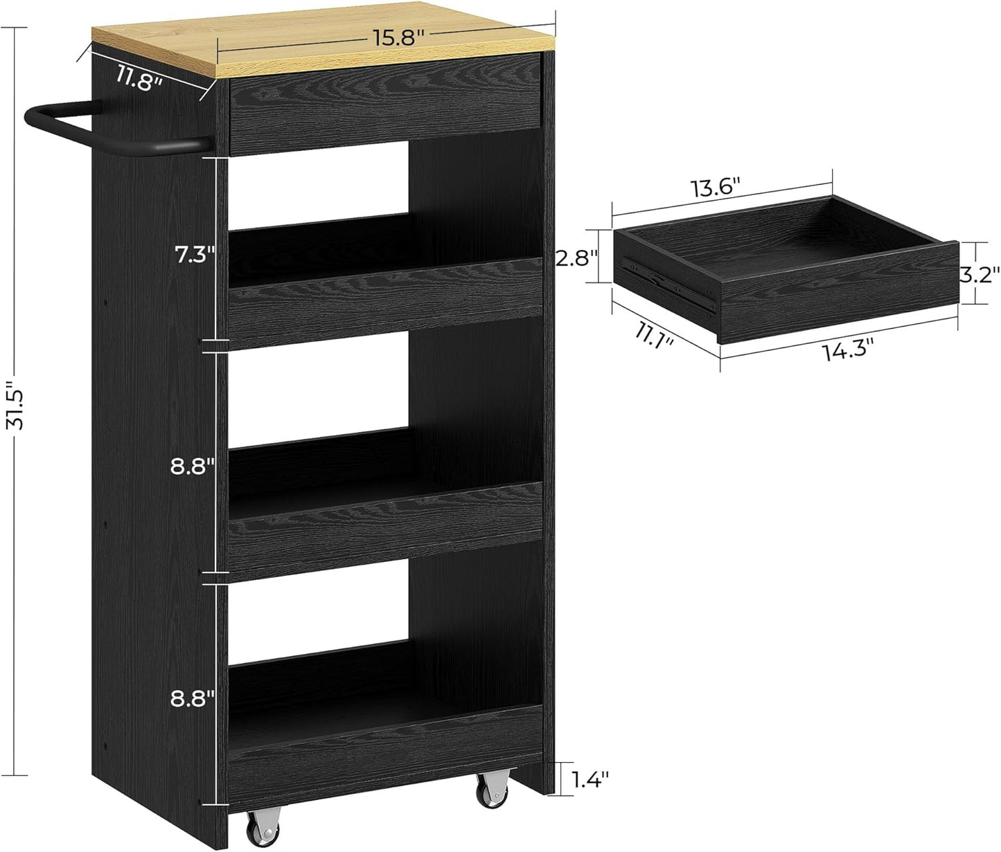 IRONCK Wood Storage Cart, 4 Tier Rolling Kitchen Cart on Wheels, Slide Out Utility Cart, Organizer Trolley with Handle, Drawer for Kitchen, Laundry, Bathroom, Black