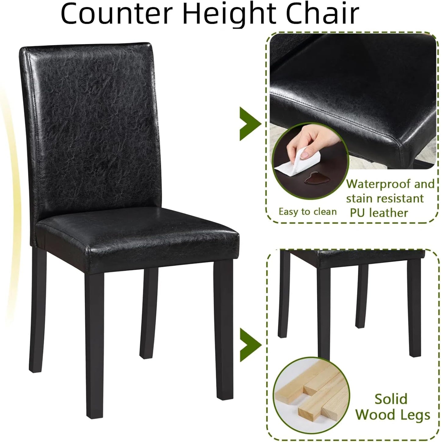 Dining Table Set for 4, 5-Piece Dining Room Table Set with Square Crystal Decoration Table & 4 Upholstered Backrest Chairs, Counter Height Kitchen Sets with Faux Wood Grain Design, Black