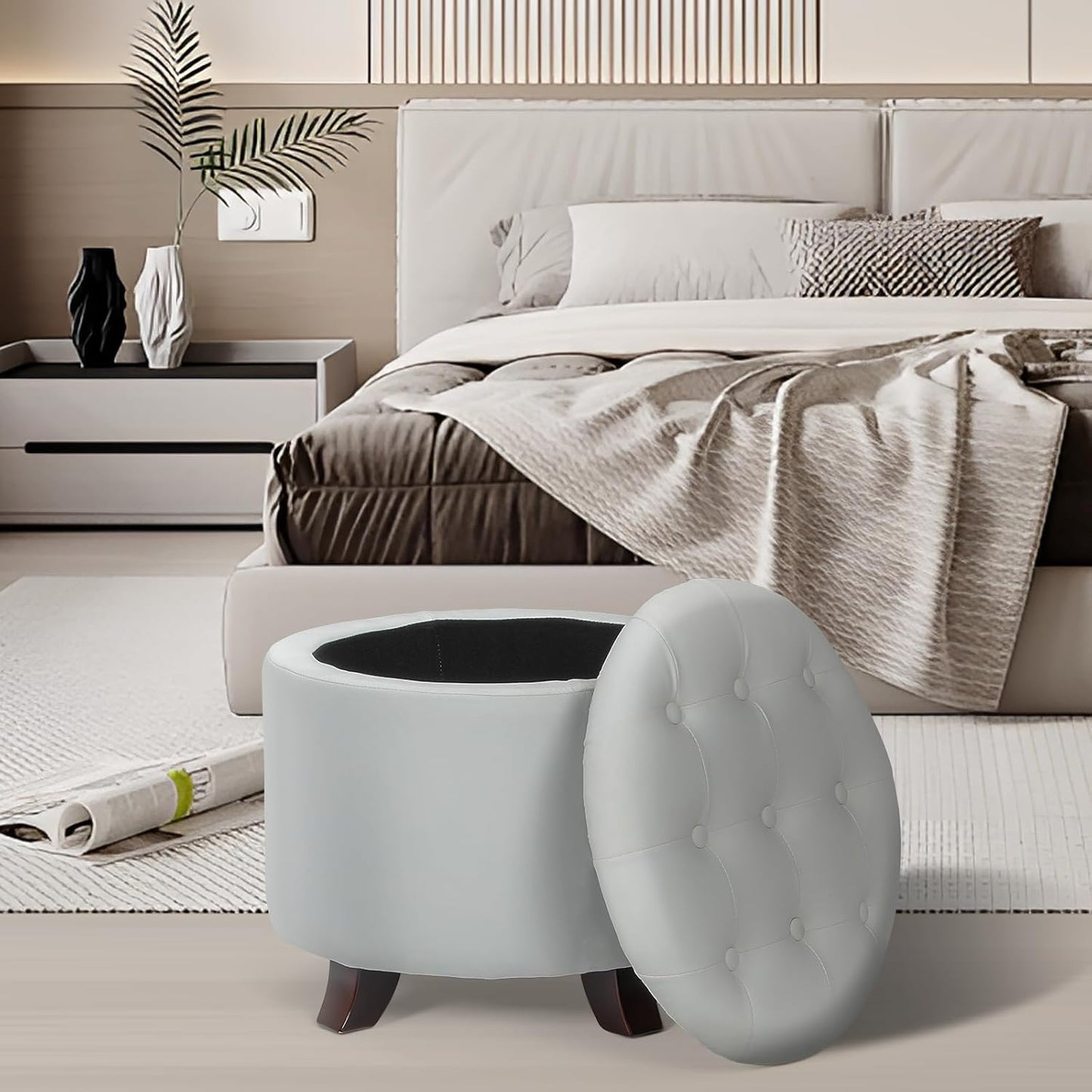 Athena Collection 20 Inch Small Ottoman with Storage, Round PU Leather Storage Ottoman with Removable Lid, Stylish Footstool Foot Rest for Living Room, Bedroom, Dorm, White