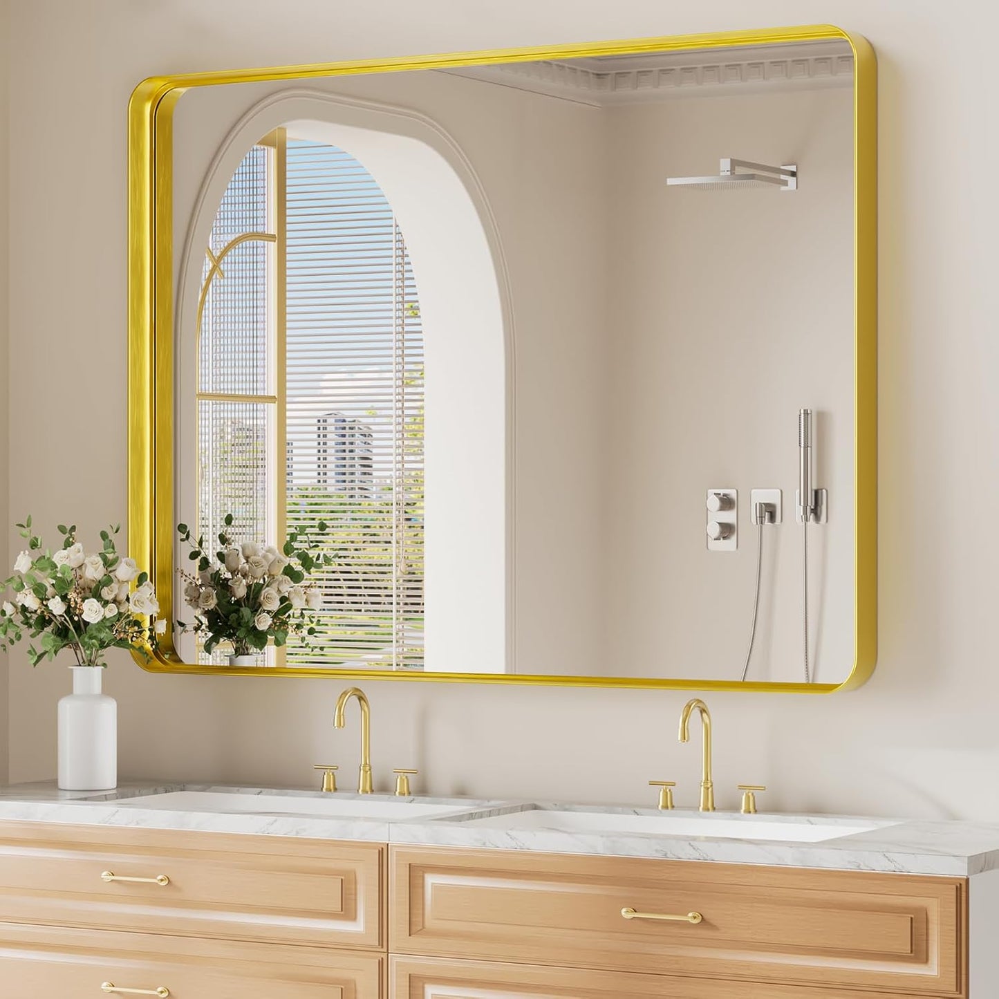 Koonmi Gold Bathroom Mirror for Wall, 36x48 Inch Matte Metal Deep Framed Rounded Corner Wall Mirror, Shatterproof Tempered Glass for Farmhouse Bedroom Entryway, Vertically or Horizontally