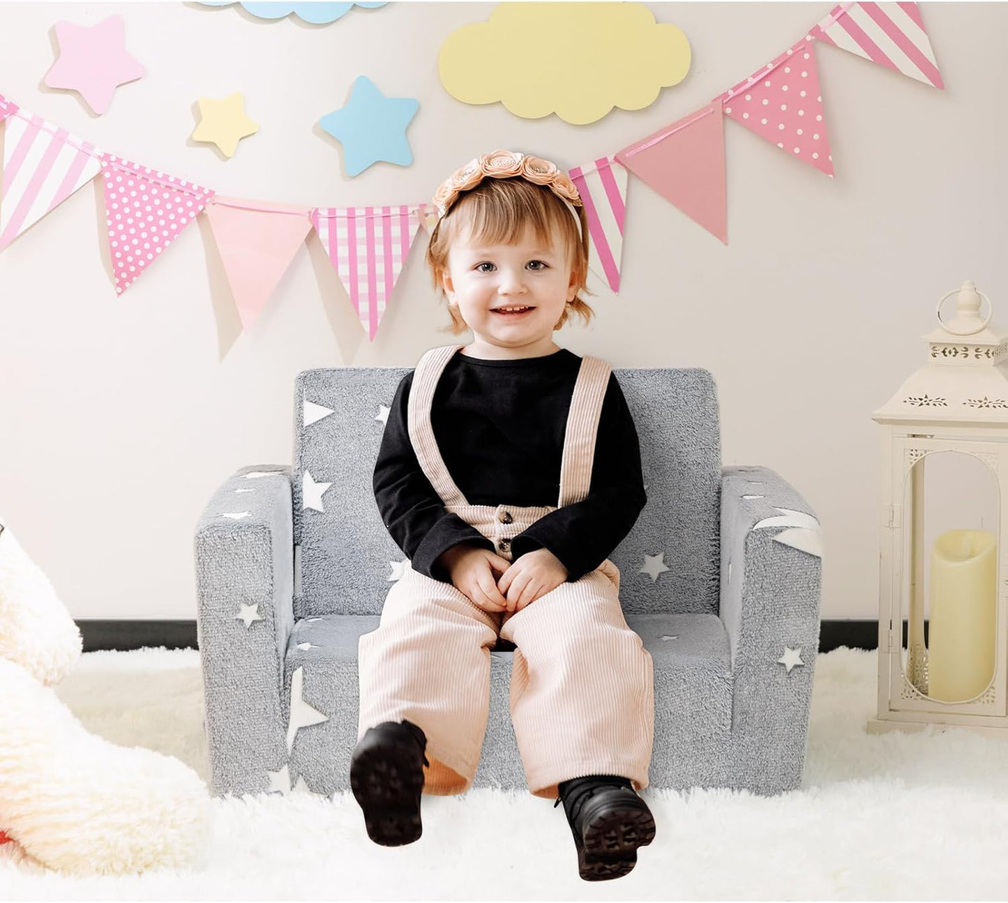 ALIMORDEN 2-in-1 Toddler Fold Out Couch, Comfy Convertible Sofa to Lounger, Glow-in-The-Dark Star Pattern Foam Seat for Little Ones with Removable Washable Cover