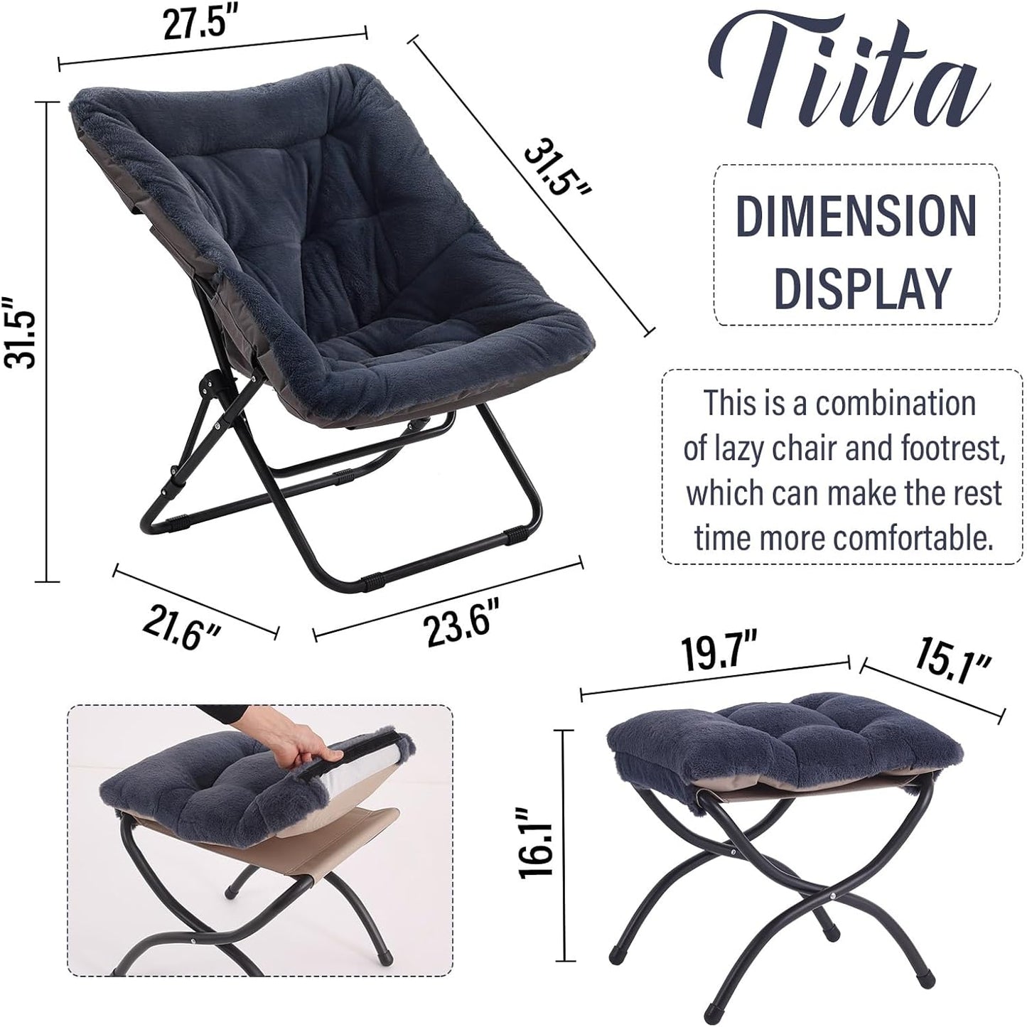 Tiita Folded Chair with Ottoman, Soft Faux Fur Oversized Folding Accent Chair,Lounge Lazy Chair, Metal Frame Moon Chair for Bedroom, Living Room, Dorm Rooms, Garden and Courtyard