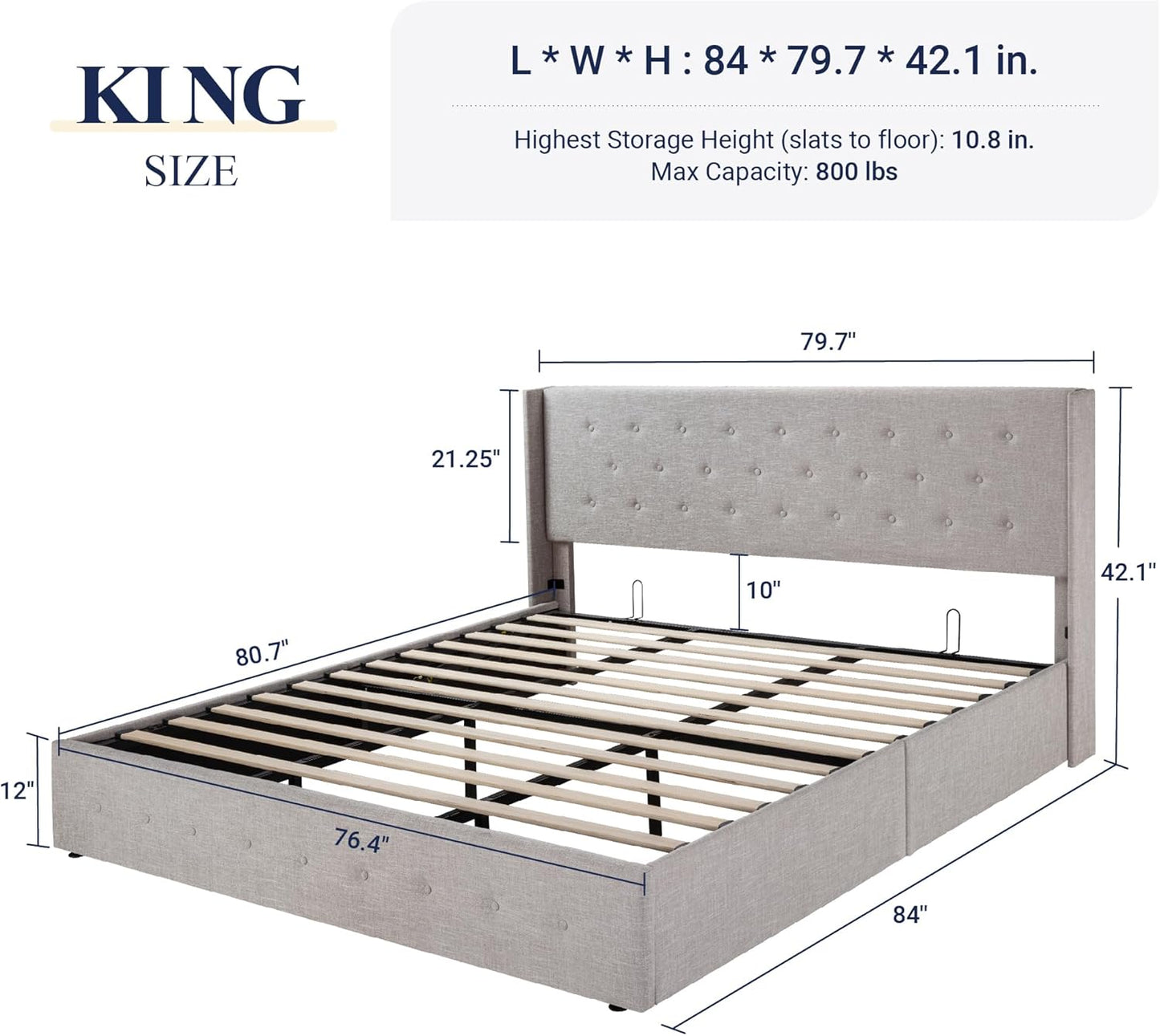 Allewie King Size Lift Up Storage Bed, Button Tufted Headboard with Wingback, Hydraulic Support, No Box Spring Needed, Light Beige