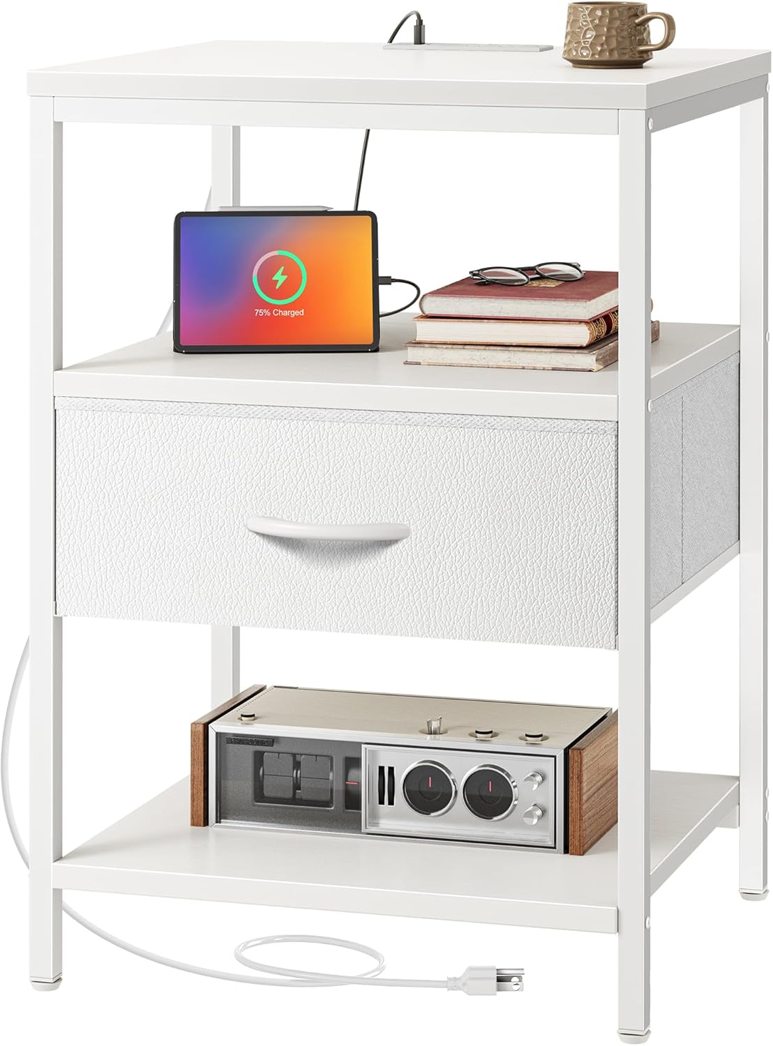 SUPERJARE Nightstand with Charging Station, White Night Stand with Adjustable Drawers, 17.7 Inches Wider Side Table for Bedroom, 3-Tier Storage End Table with Open Shelf, PU Leather Surface