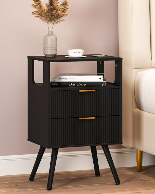 Black Nightstand,Modern Bedside Table with 2 Storage Drawer and Open Wood Shelf, for Bedroom and Small Spaces,Night Stand with Solid Wood Legs