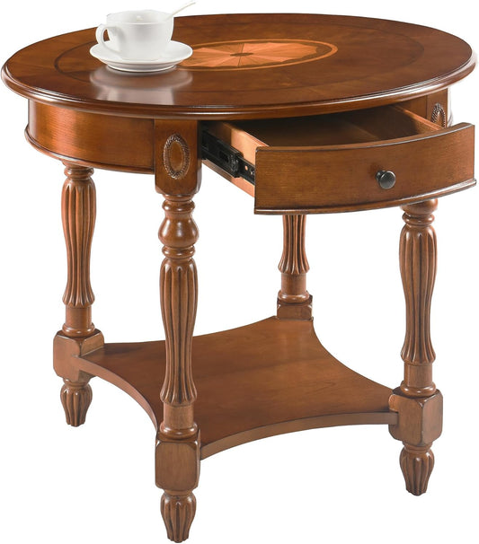 LEEMTORIG Oval Round End Table, 2-Tier Solid Wood End Table Side Table with Drawer, Victorian Vintage Nightstand for Bedroom Living Room Hallway, 28" W x 22" D x 24.2" H, Caramel Brown CJZ-1533-MG
