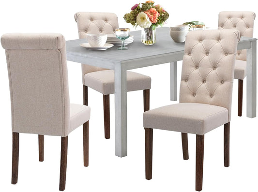 COLAMY 5-Piece Dining Table Set for 4, 60" Kitchen Wood Table with 4 Tufted Dining Room Chairs, White/Beige