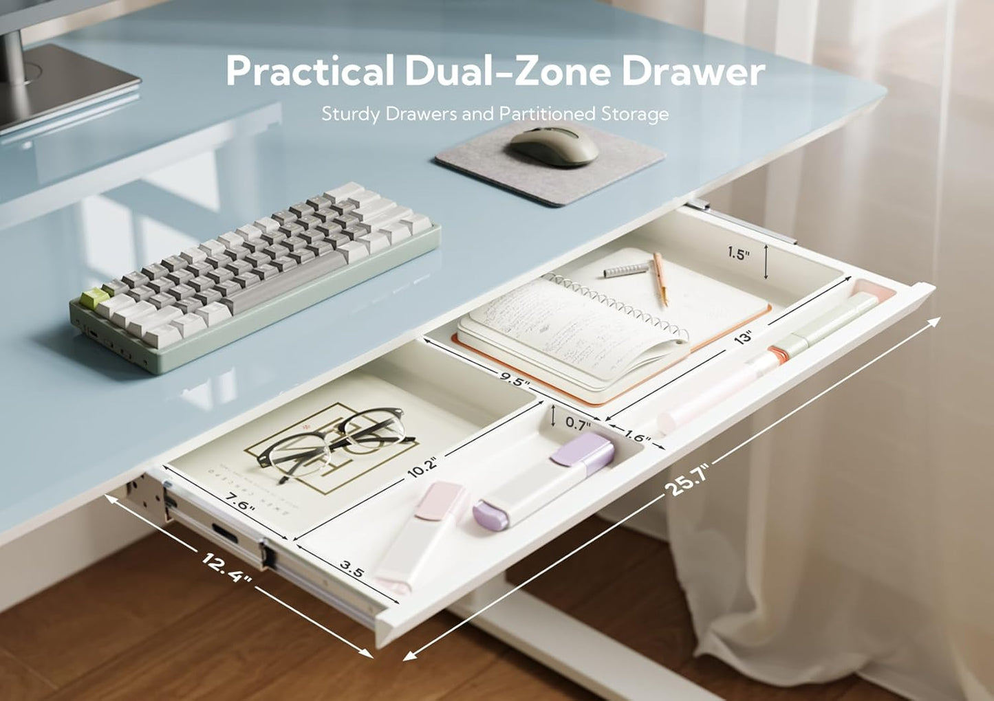 INNOVAR Glass Standing Desk with Drawers, Adjustable Height Stand Up Desk, Electric Standing Desks with Storage, 55 inch, Morandi Blue