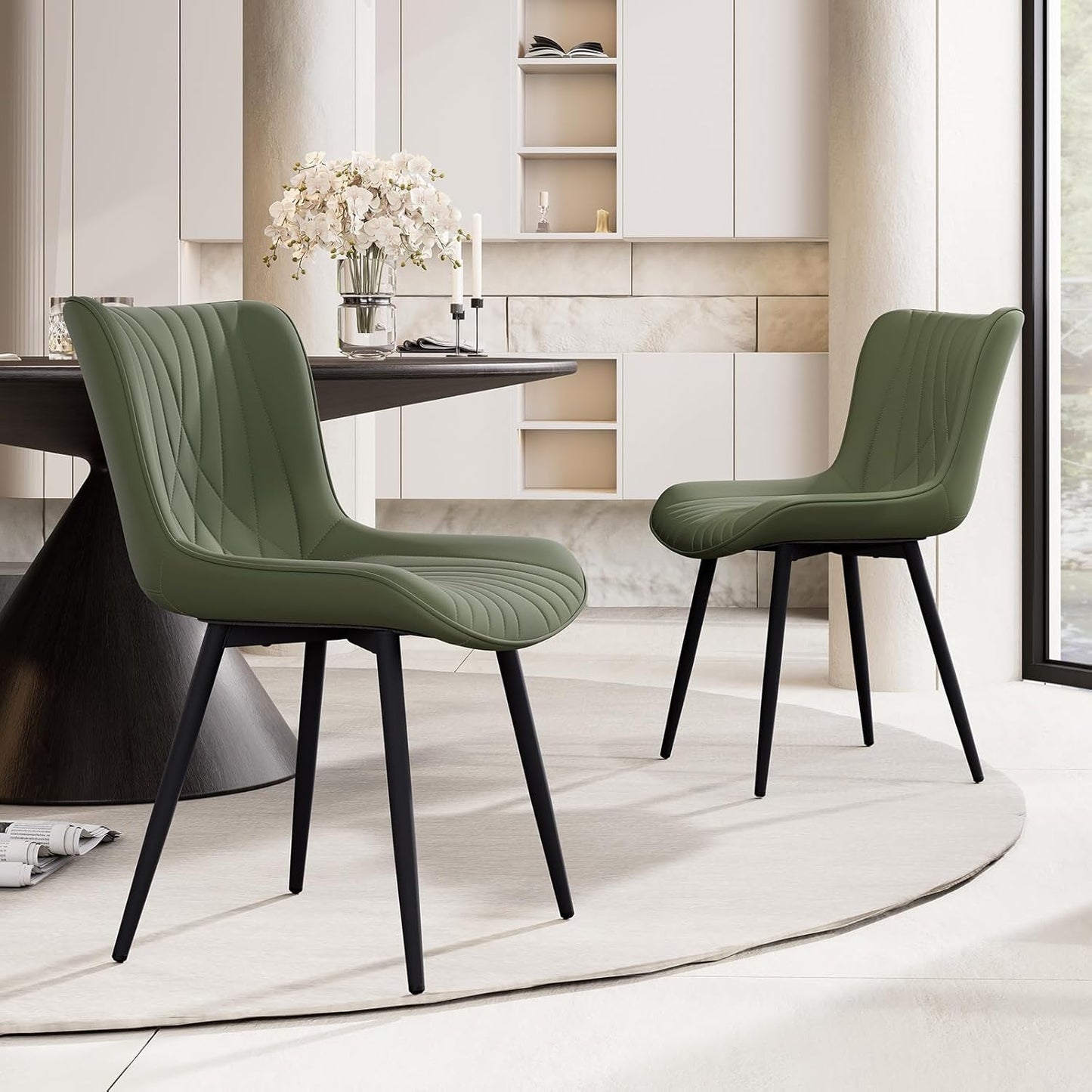 YOUTASTE Dining Chairs Set of 2 Upholstered Mid Century Modern Kitchen & Dining Room Chairs Armless Faux Leather Accent Chair with Padded Back Metal Legs for Bedroom Vanity Lounge, Olive Green