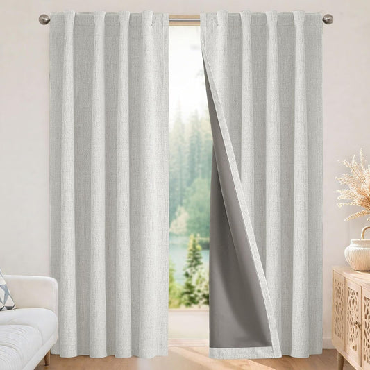 Joydeco 100% Blackout Curtains for Bedroom - Natural Linen Curtains 66" W x 96" L, Thermal Insulated 2 Panels White Light Blocking Drapes, Rod Pocket & Back Tabs, Darkening Privacy for Living Room