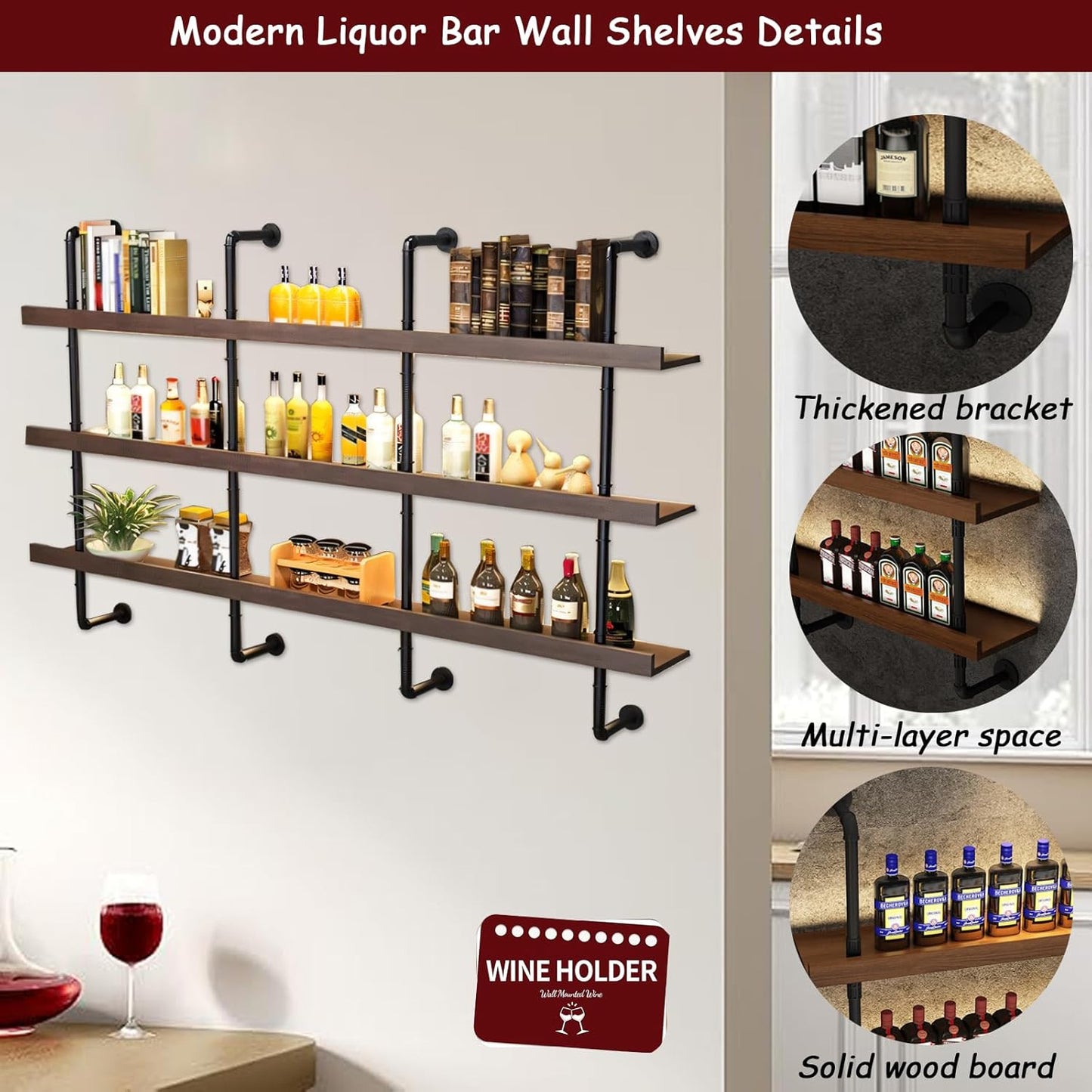 Large Wine Rack with LED Light Solid Wood Wall Mounted Wine Rack, 3-Tiers Liquor Bottles Floating Shelves Display Storage Organizer for Home Bar & Dining Room (80cm/31.4in)