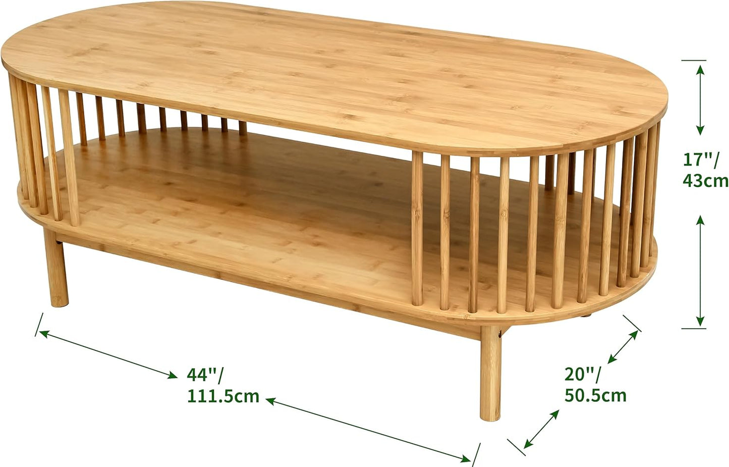 VaeFae Oval Coffee Table, Bamboo Coffee Table for Living Room, 2-Tier Wooden Farmhouse Center Table with Storage Shelf