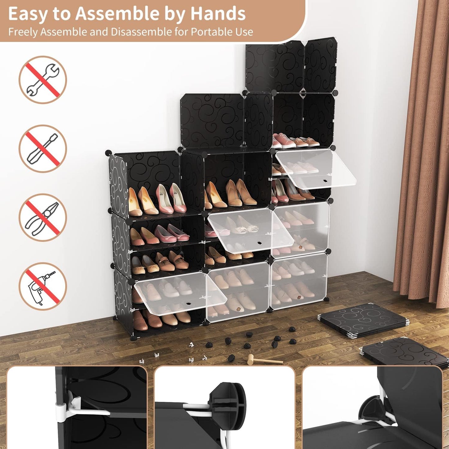 ROJASOP Portable Shoe Rack Organizer, 72 Pairs Covered Shoe Rack Shoe Organizer for Closet Entryway 12-Tier Shoe Storage Cabinet Space Saver Closed Shoe Organizer Cabinet with Doors