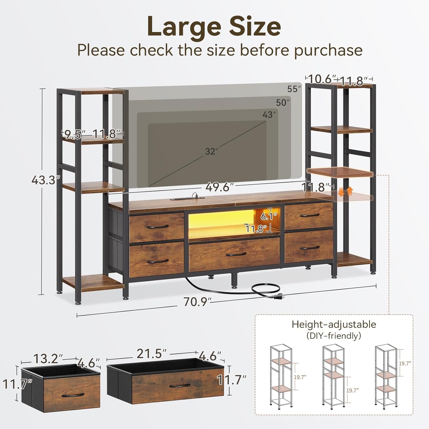 Casaottima 71" TV Stands for 43, 50, 55 Inch TV Entertainment Center with LED Lights and Power Outlets, TV Stand Living Room with 5 Fabric Drawers & Shelf, TV Console Cabinet for Bedroom, Rustic Brown