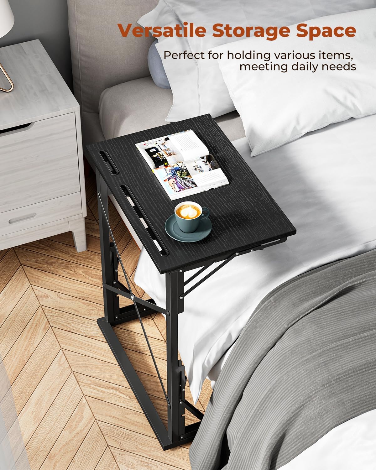 21''Wx28''H Folding TV Tray Set of 2, Small Foldable C-Shaped Tray Table for Eating with Tablet and Phone Slots, Slide Under Couch Side Table for Recliner, Living Room, Bedroom, Black