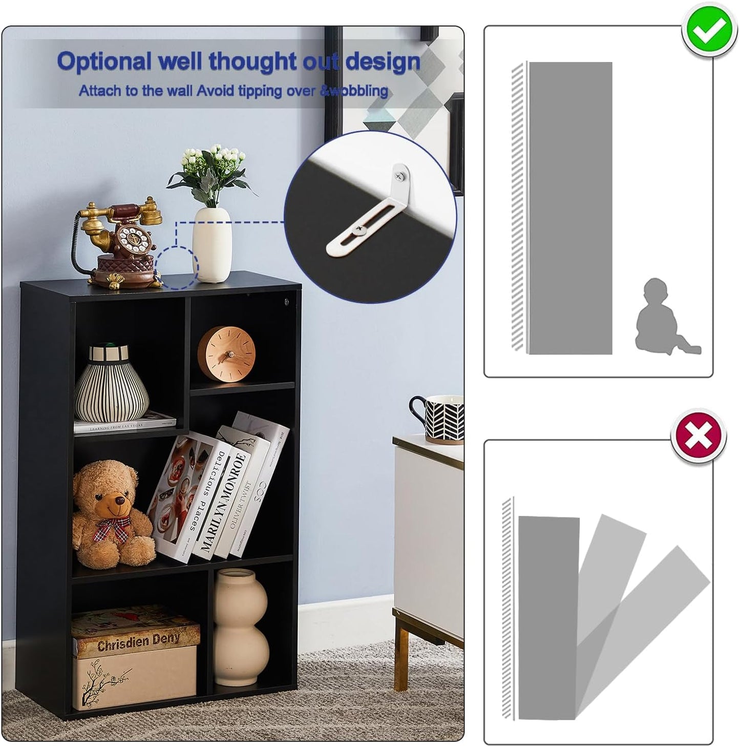 VECELO 31 Inch High Modern Kids Bookcase, 3-Tier Wide Bookshelves, 5 Cube Storage Organizer with Anti-tip Kit, Different Height Open Storage Fits Tallest Hardcovers, Easy to Install,Black