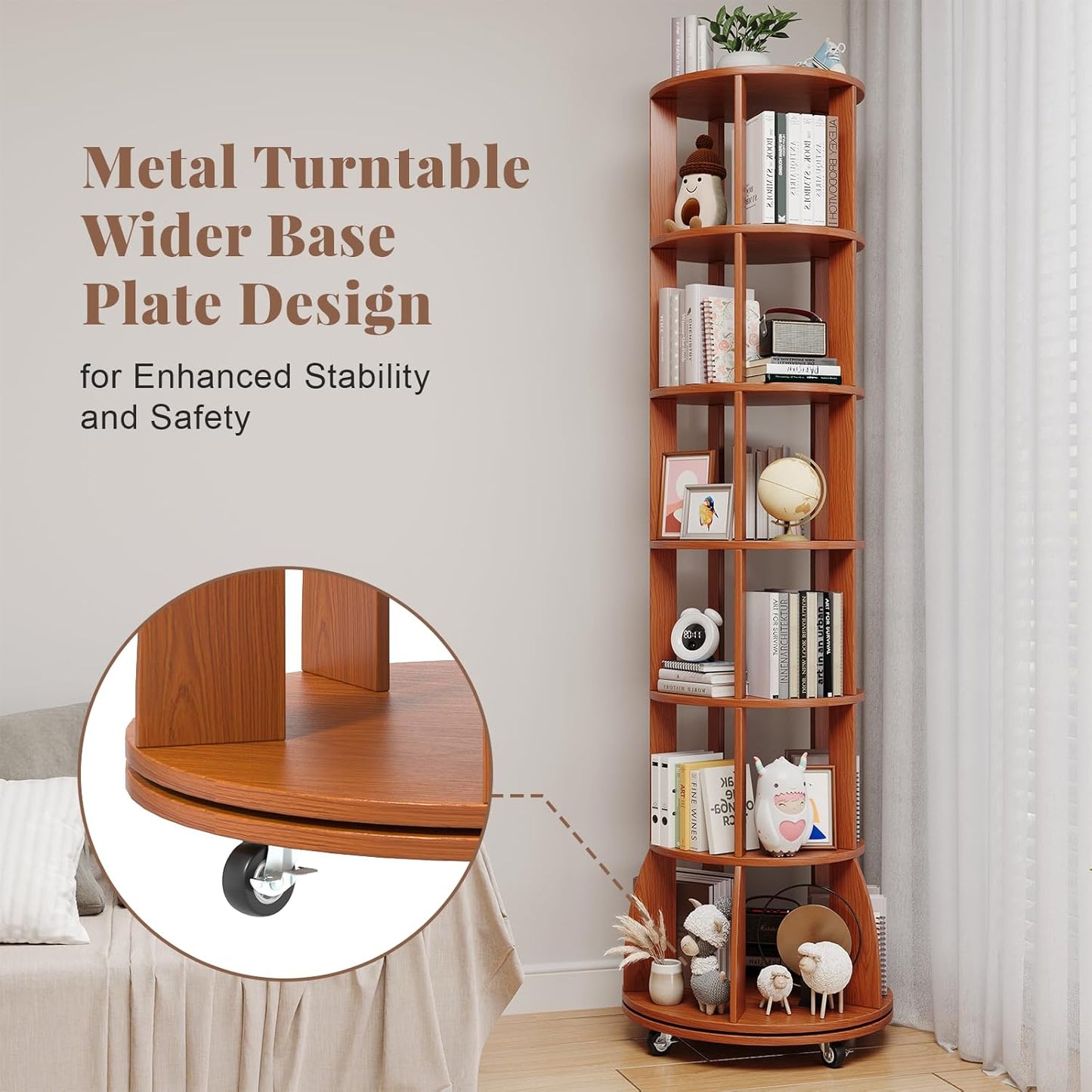 6 Tier Rotating Bookshelf with Locking Casters, 360° Spinning Vertical Bookcase, Revolving Floor Standing Organizer for Small Spaces, Corner, Living Room, Bedroom, Rustic Brown