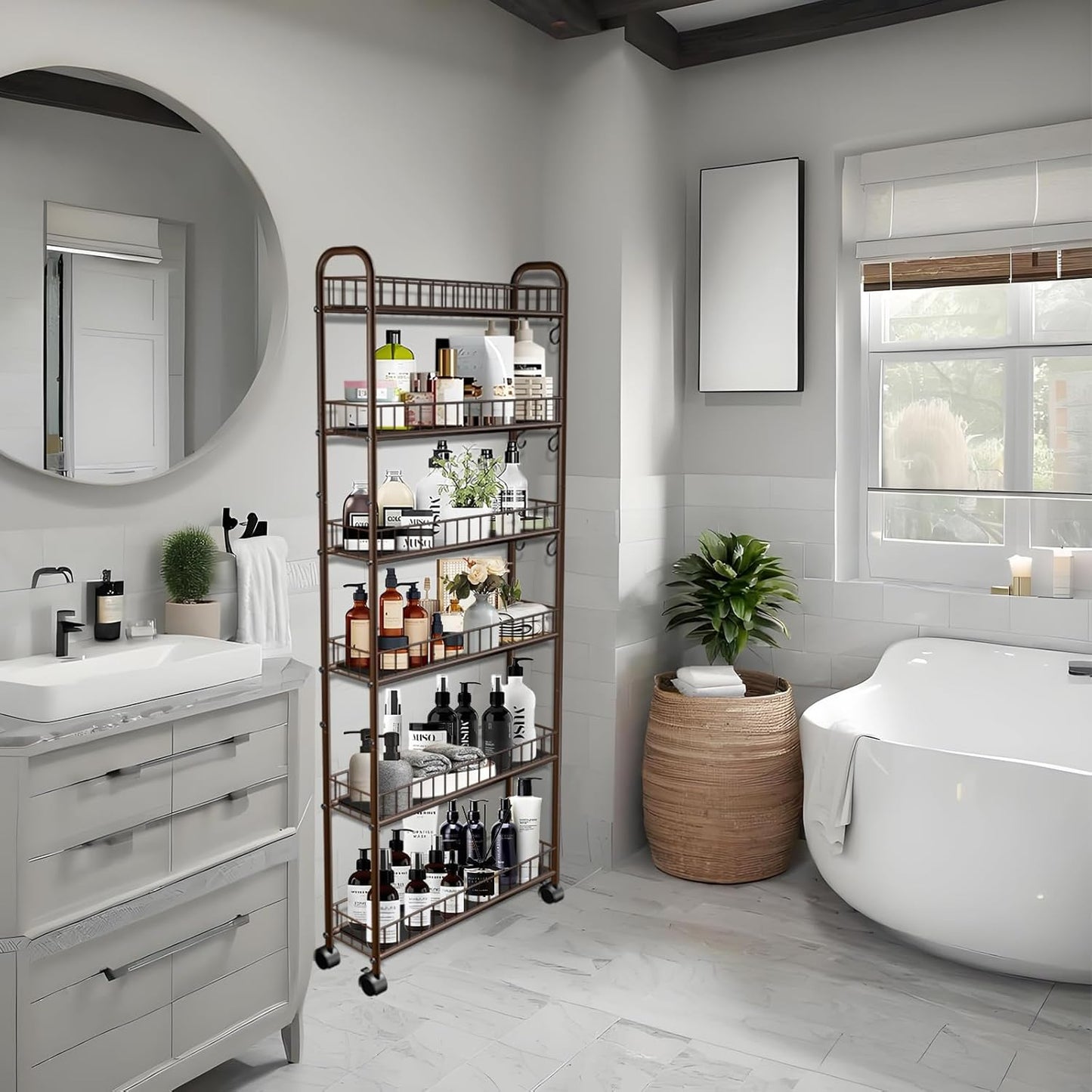 6-Tier Slim Storage Cart with Wheels, 6in Narrow Rolling Shelf,Sturdy Slim Storage Ideal for Kitchen, Bathroom, and Laundry Room,Champagne Gold