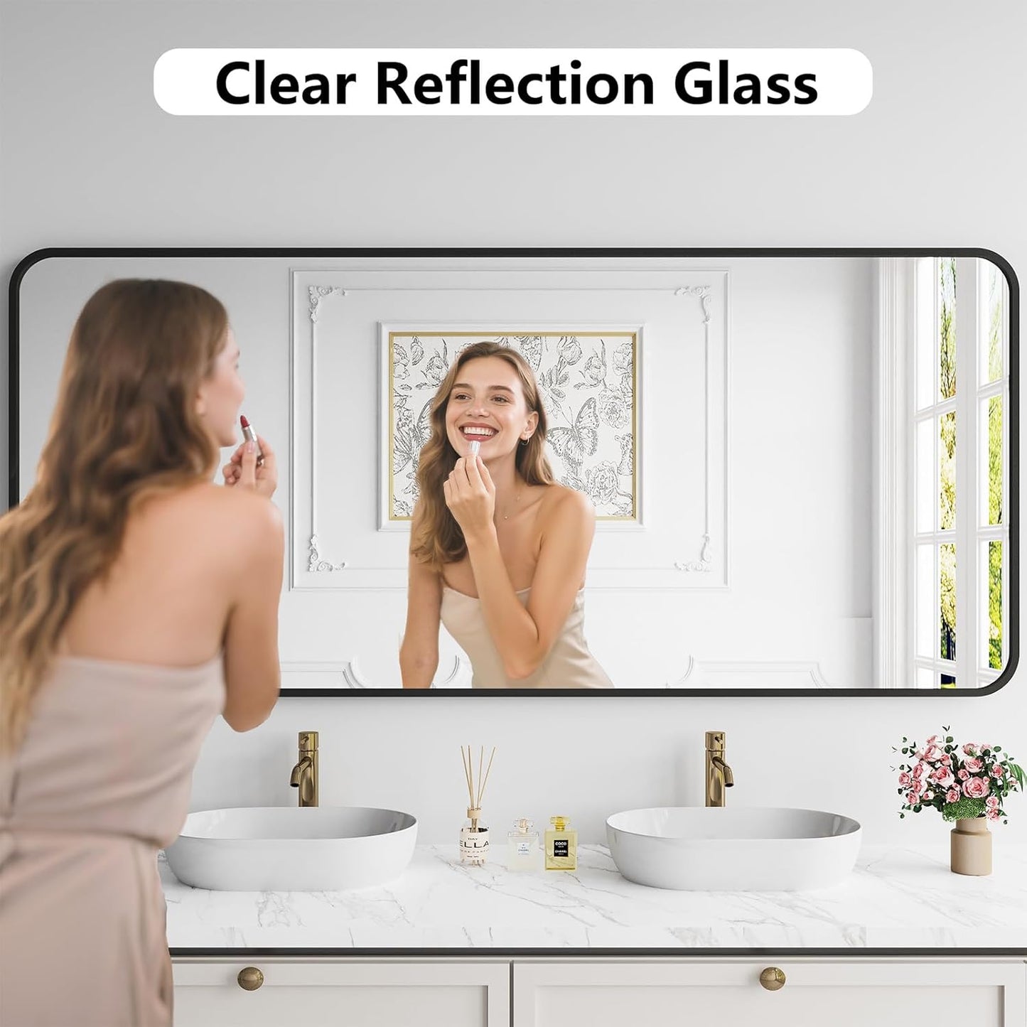 Koonmi Bathroom Mirror, 32X72 Inch Black Metal Framed Mirror for Bathroom, Tempered Glass, Anti-Rust, Rounded Rectangle Mirror for Restroom, Bedroom, Black