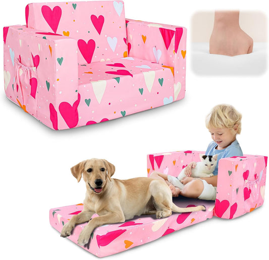 Kids Couch, 2-in-1 Kids Fold Out Sofa, Convertible Toddler Couch to Lounger for Girls and Boys, Soft Toddler Chairs Comfy 1-3 Years Old(Pink Heart)