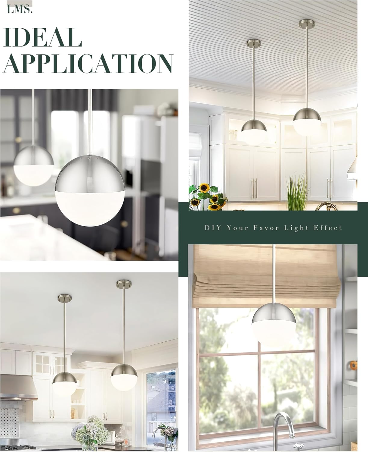 LMS 2 Pack Modern Pendant Lights, Mid Century Brushed Nickel Kitchen Lighting with White Globe Glass Shade, Adjustable Hanging Light Fixtures Ceiling Light for Home Office Dining Room, LMS-186BN2PK