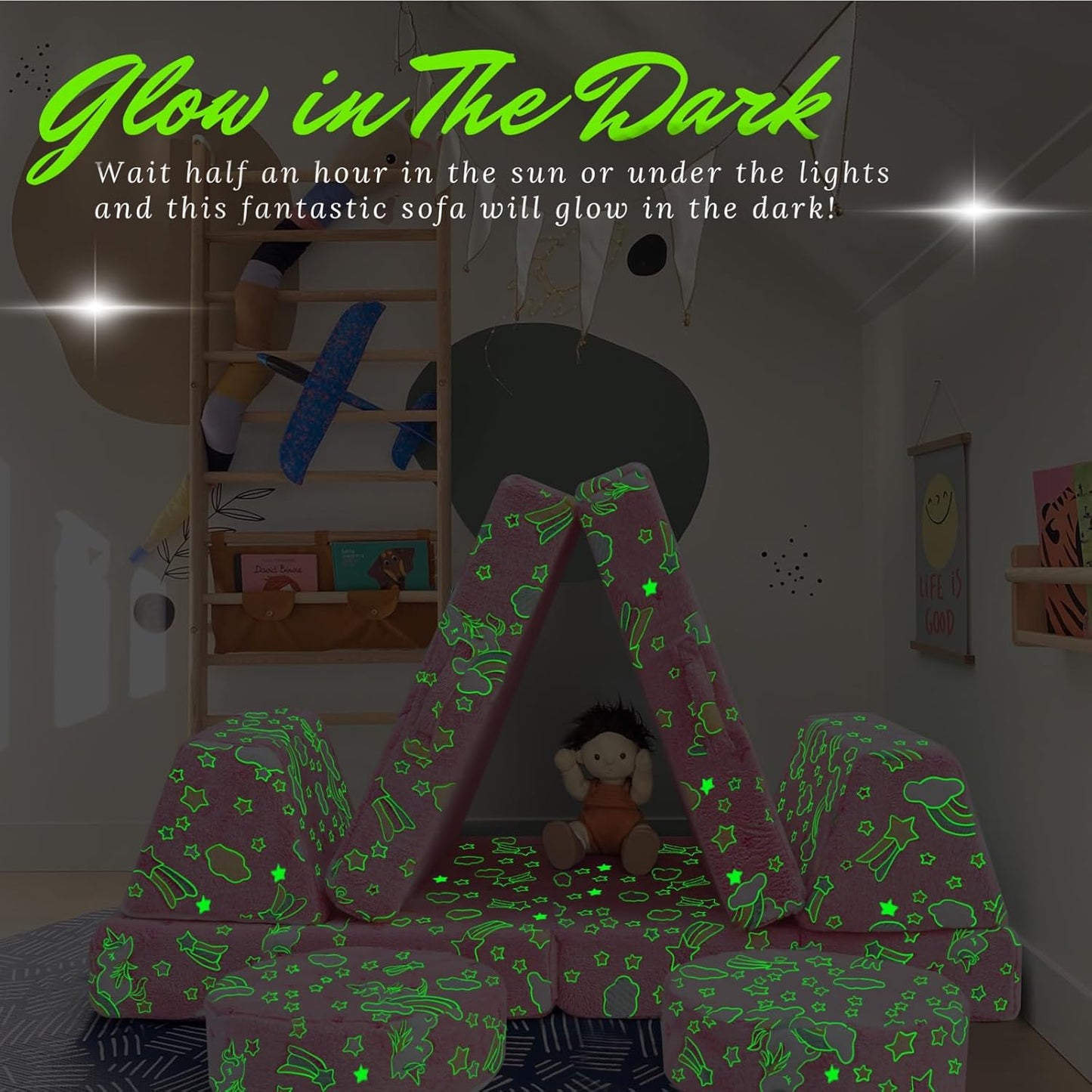 MeMoreCool Modular Pink Unicorn Glow-in-The-Dark Kids Play Couch, 8-Piece Convertible Toddler Sofa for Playroom