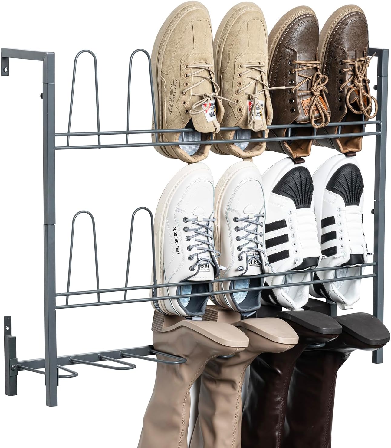 MyGift Premium Urban Gray Metal Hanging Shoe Rack for Walk in Closet, Mudroom and Entryway, Wall Mounted Space Saving Organizer for Shoes and Boots, Holds 9 Pairs