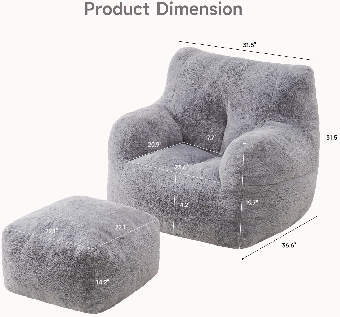 Giant Bean Bag Chairs for Adults with Ottoman, Faux Fur Boneless Chaise Couch Filler with Memory Foam,Large BeanBag Lounge Lazy Floor Sofa Accent Chair for Living Room,Bedroom & Game Rooms