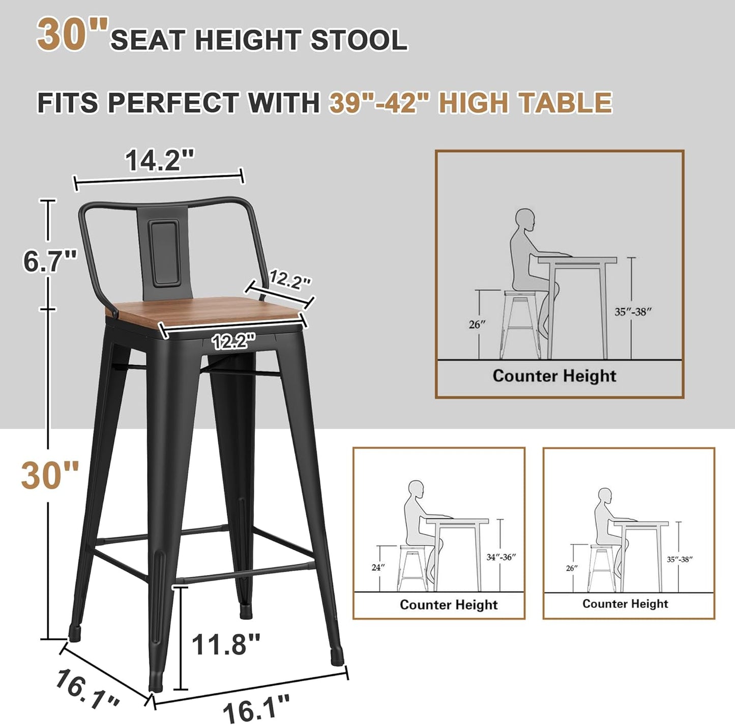30 Inch Swivel Bar Stools Set of 4 with Backs Counter Height Industrial Metal Barstools Island Bar Chairs for Home Kitchen Dining Room (Swivel 30 inch,Matte Black Wooden)