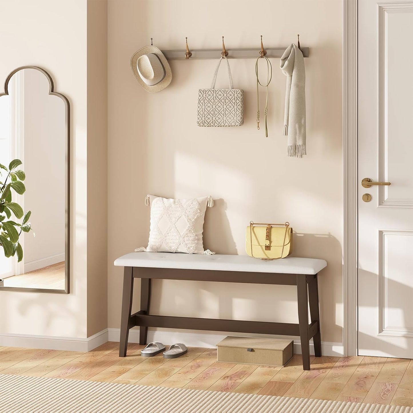 HOOBRO Dining Bench, Bamboo Dining Room Bench with PU Leather Upholstered Seat, for Kitchen, Living Room, Hallway, Kitchen, Entryway, Beige and Brown CE13CD01