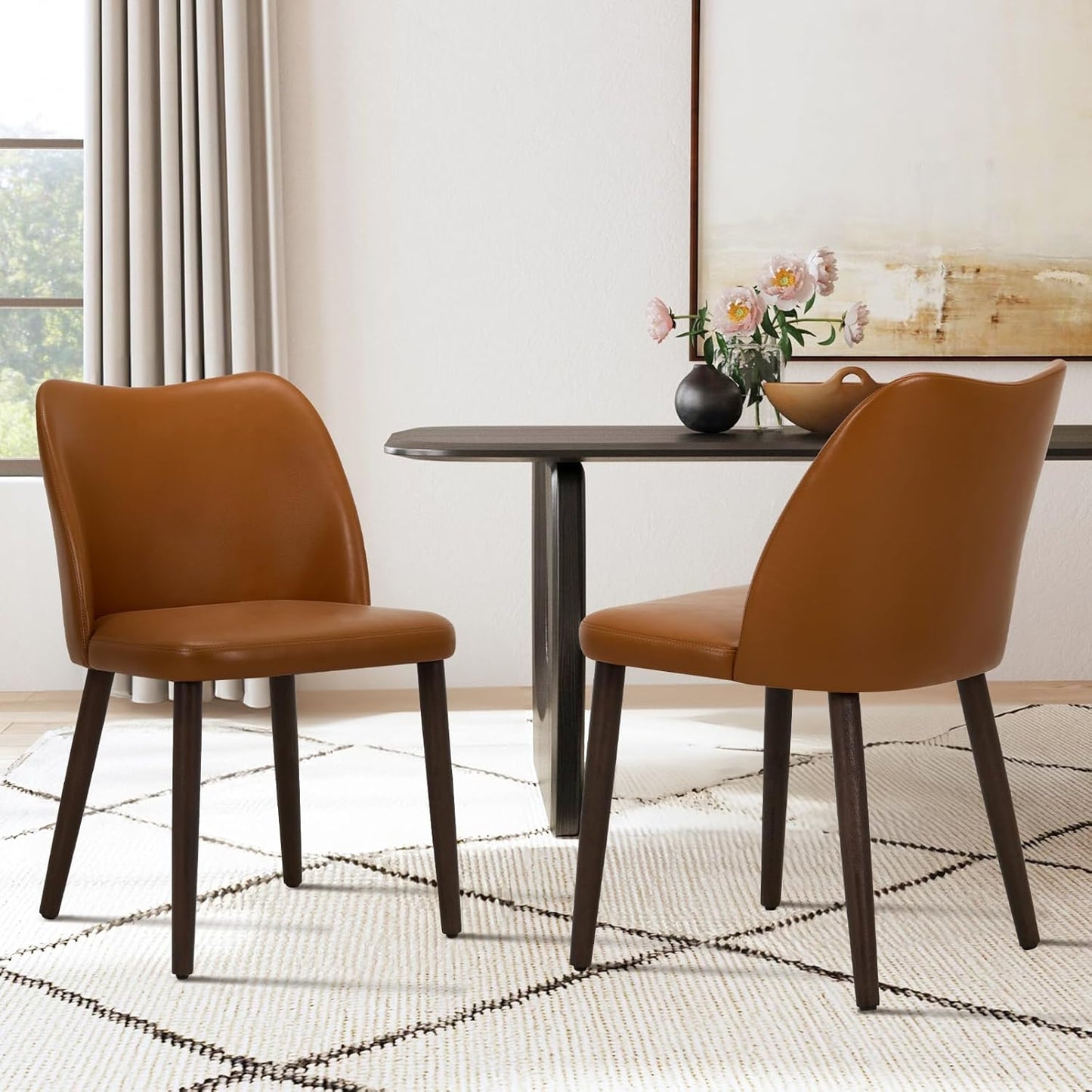 COLAMY Upholstered Dining Chairs Set of 4, Modern PU Leather Dining Room Kitchen Side Chair with Padded Seat and Wood Legs Restaurant/Cafe,Light Brown