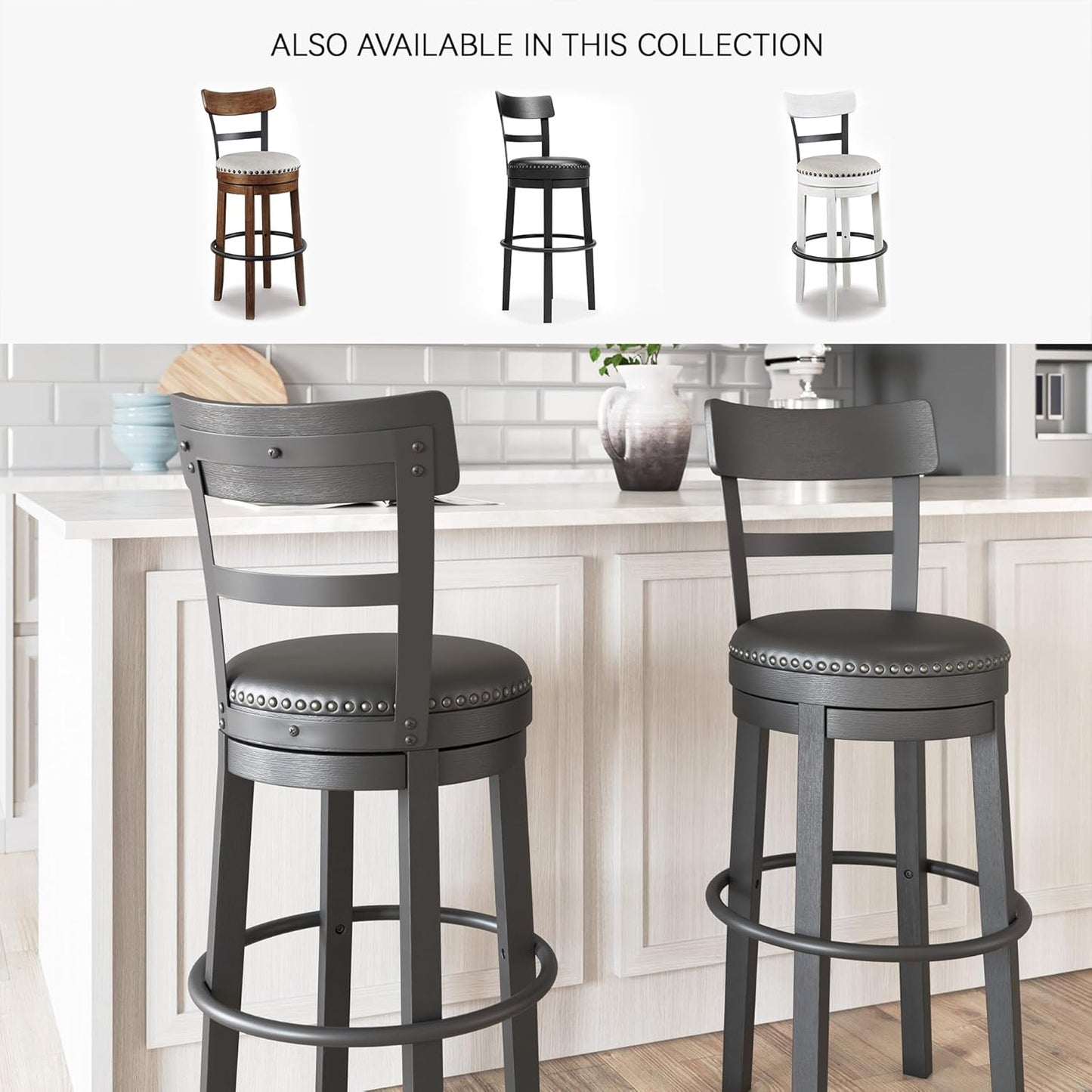 Signature Design by Ashley Valebeck 30.38" Casual Pub Height Upholstered Swivel Barstool, Black