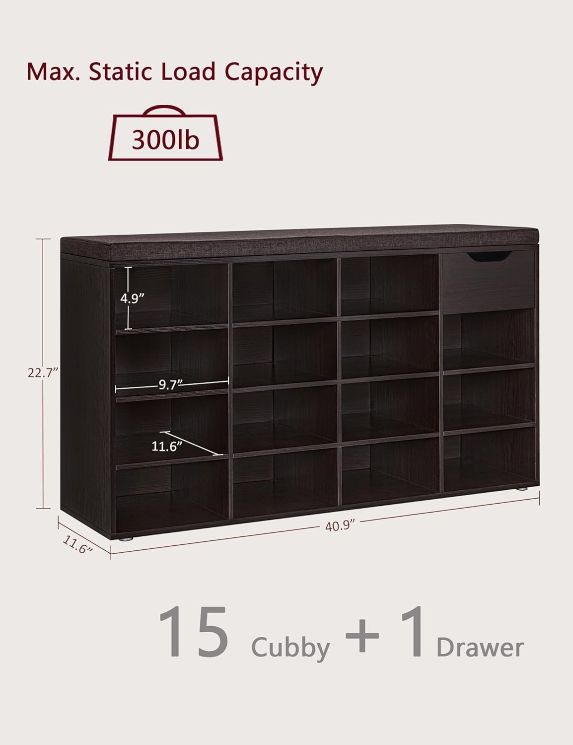 DINZI LVJ Shoe Bench, Entryway Storage Bench with Drawer and 15 Cubbies, Cubby Shoe Rack with Adjustable Shelves, Shoe Organizer Cabinet for Living Room, Bedroom, Mudroom, Closet and Garage, Espresso