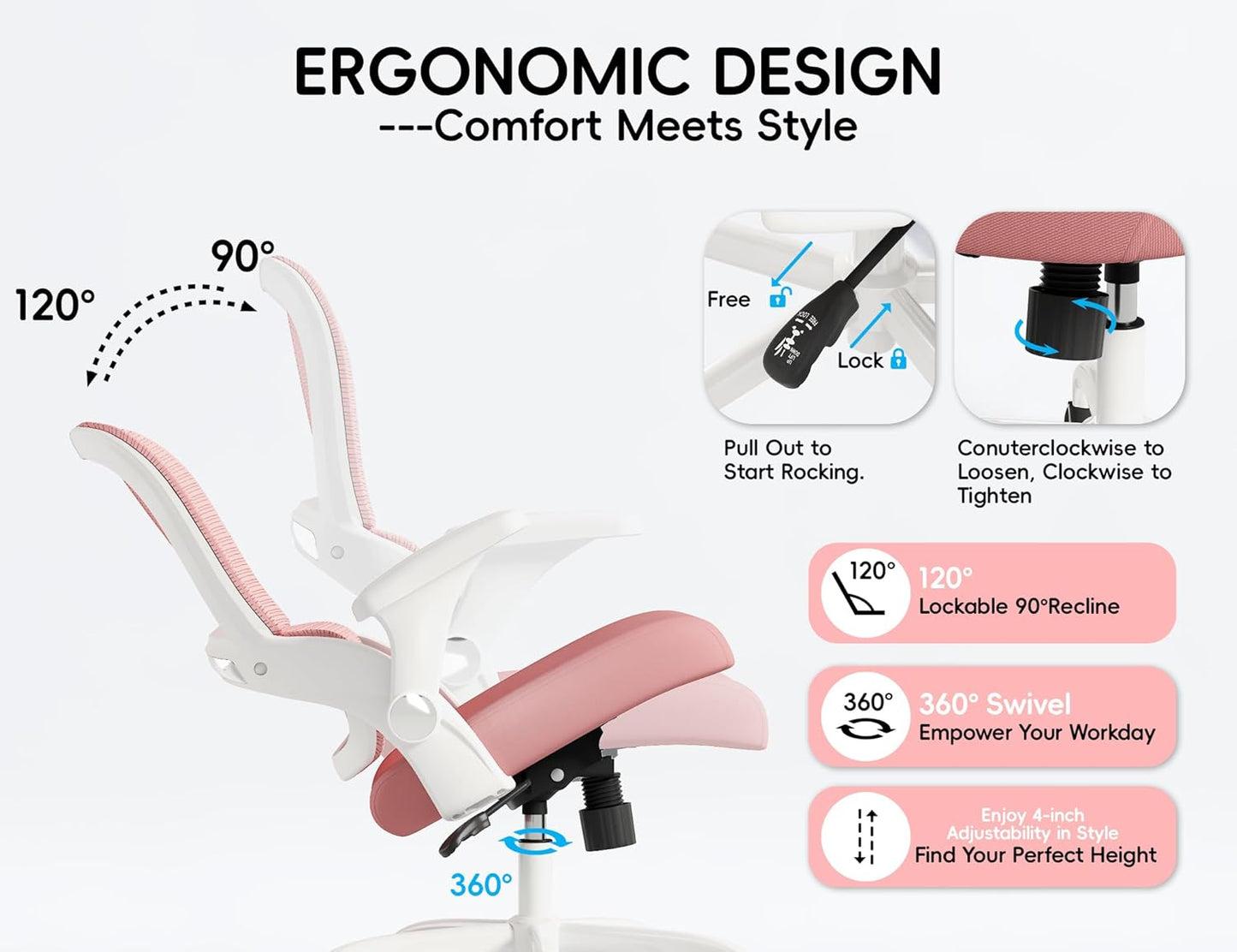 TRALT Office Chair - Ergonomic Office Chair with Back Support, Home Office Desk Chairs, Comfy Desk Chair, Computer Chair, 330lbs Wide Seat Big and Tall Office Chairs for Students (Pink)