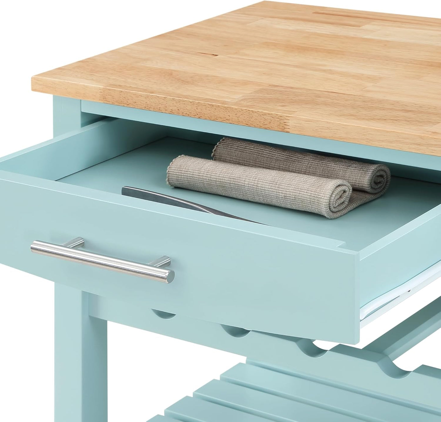 Convenience Concepts Ellaine Butcher Block Kitchen Cart 24.75" - 4 Tier Kitchen Island with Storage Drawer, Dining Room Wine Rack on Wheels, Coffee Station Table, Mobile Utility Trolley, Sea Foam