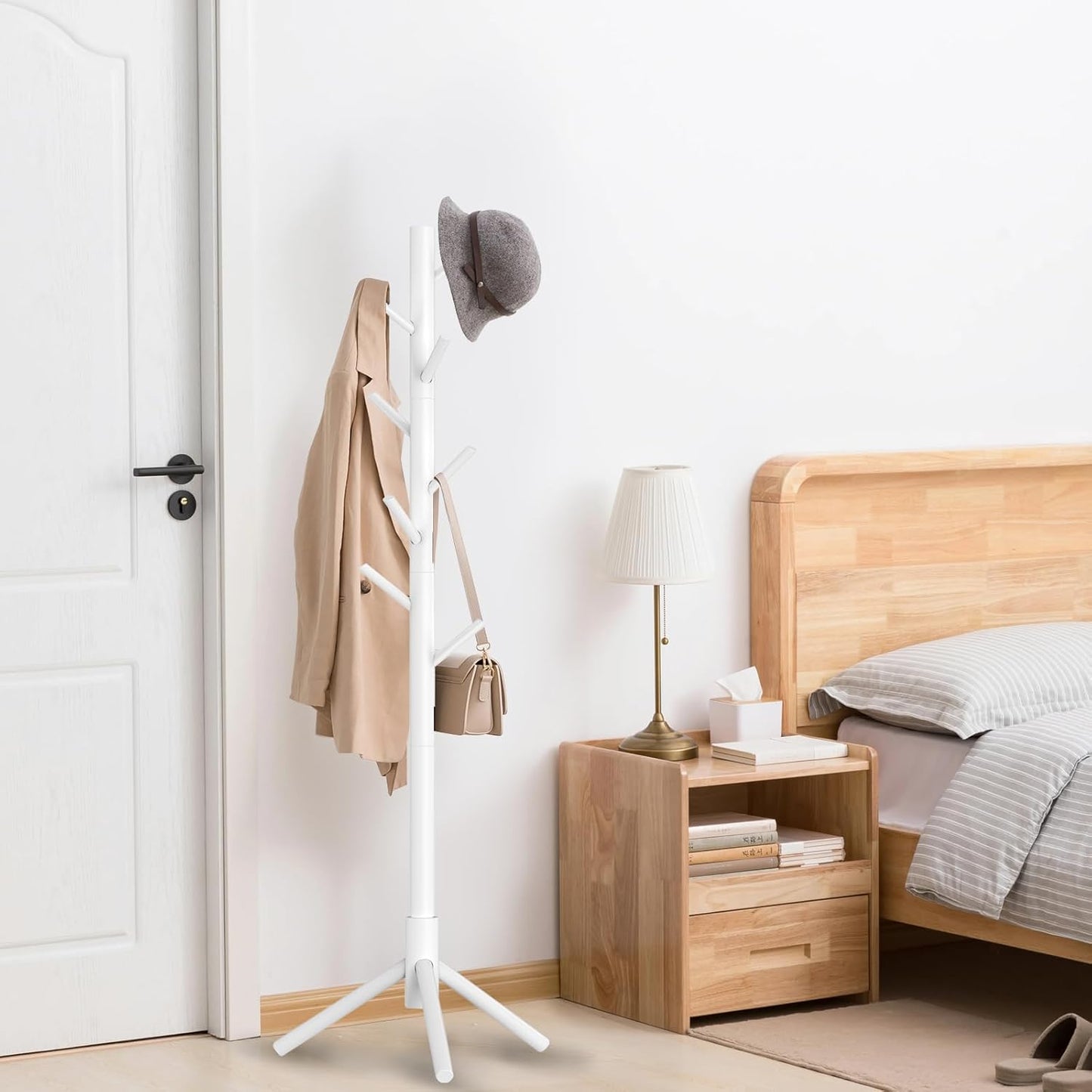 Wooden Coat Rack Stand, Freestanding Coat Rack with 8 Hooks, 3 Adjustable Size Coat Tree for Hats, Coats, Scarves bags, Coat Hanger Stand Used in Bedroom/Office/Entryway （White）