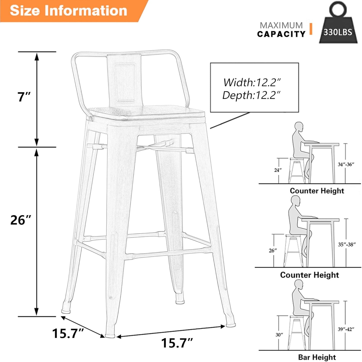 Yongchuang 26 inch Bar Stools Set of 4 Kitchen Counter Height Chairs with Wood Seat Industrial Low Back Metal Barstools Cream White