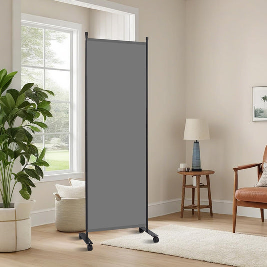 Room Divider 6FT Room Partition with Lockable Wheels, 1 Panel (Thicked Metal Base) Room Dividers, Freestanding Indoor Folding Privacy Screens, Portable Fabric Wall Divider for Room Separation, Grey