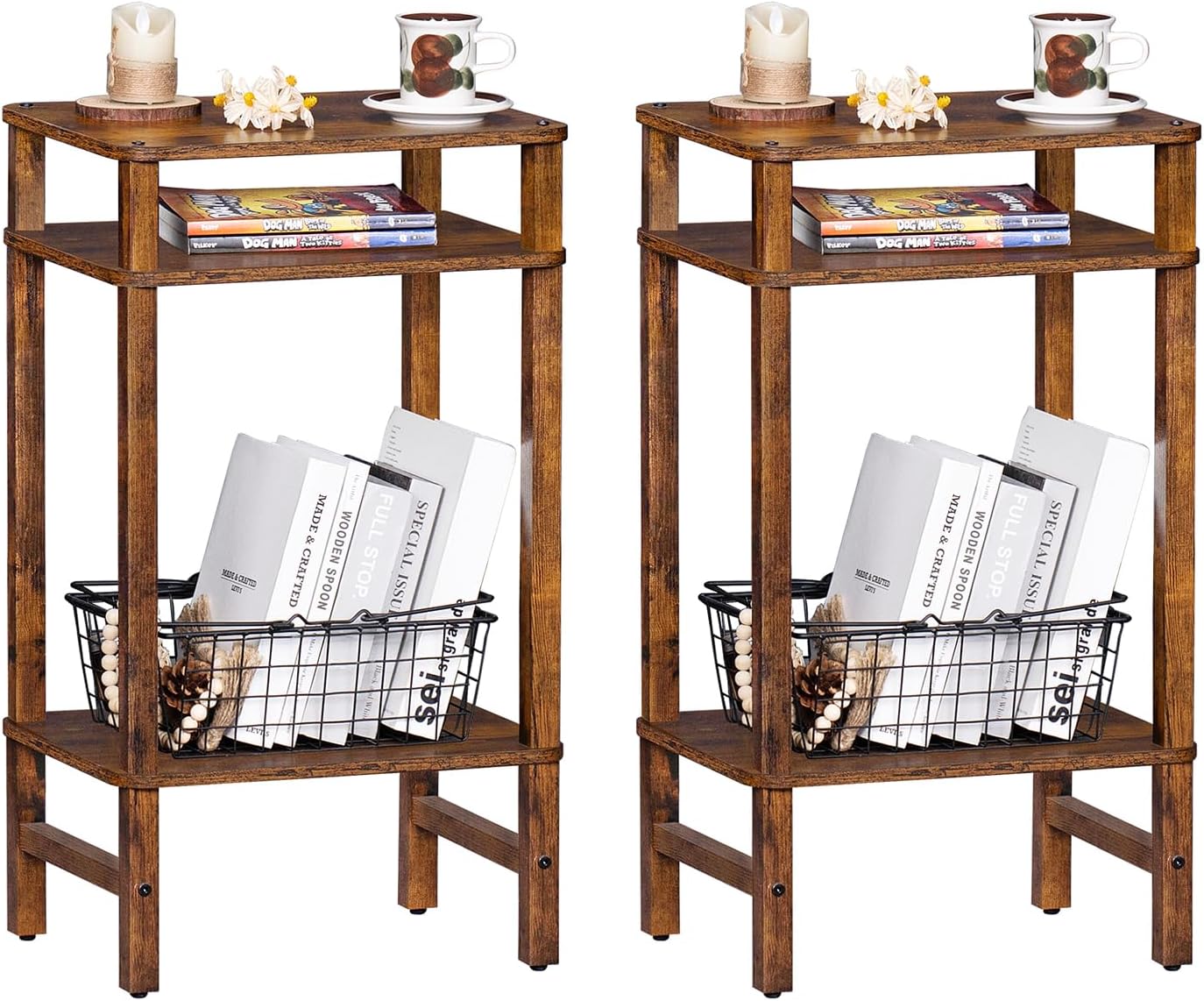 28in Tall Side Table Set of 2, 3-Tier Small Narrow End Table for Couch, Skinny Nightstand for Small Space, Farmhouse Slim Night Stand with Storage, Wooden Frame Thin Bedside Table, Brown