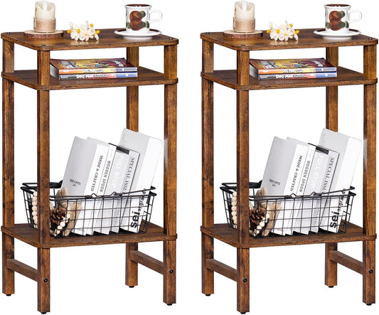 28in Tall Side Table Set of 2, 3-Tier Small Narrow End Table for Couch, Skinny Nightstand for Small Space, Farmhouse Slim Night Stand with Storage, Wooden Frame Thin Bedside Table, Brown