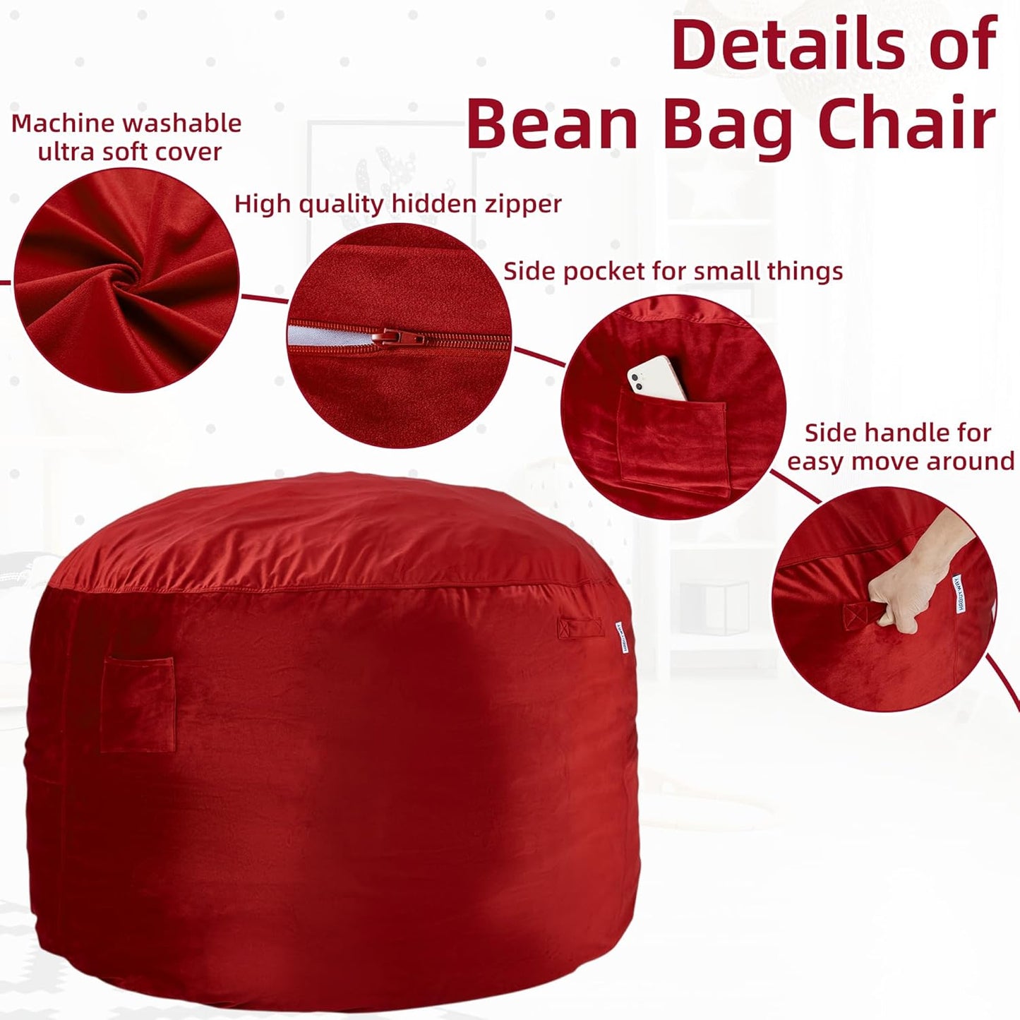 HABUTWAY Bean Bag Chair: Giant 4' Memory Foam Furniture Bean Bag Chairs for Adults with Microfiber Cover 4Ft (Red)