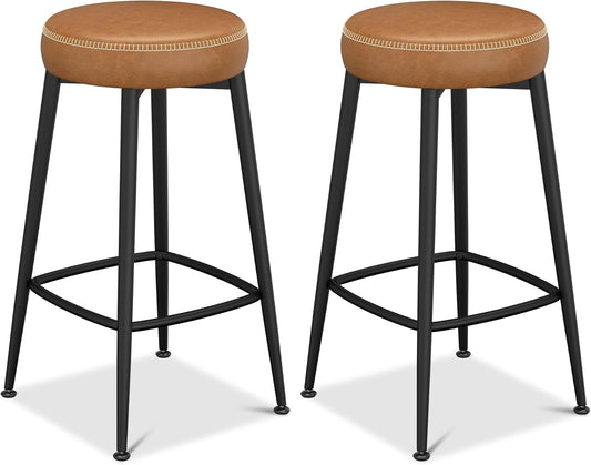 Counter Height Bar Stools, 26" H Backless Bar Stools Set of 2, Upholstered Faux Leather Kitchen Counter Stools, Mid Century Modern, Kitchen Island Home Bar, Pub, Caramel Brown