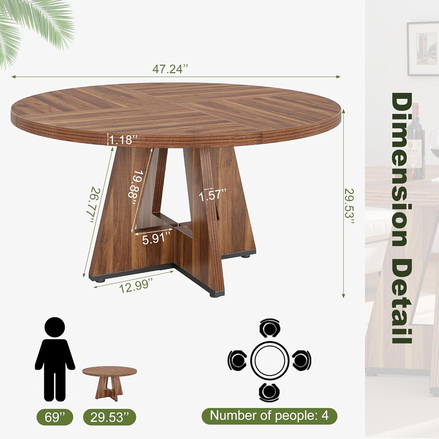 NicBex 47-Inch Round Dining Table for 4, Farmhouse Dinner Table Small Farmhouse Kitchen Tables with Wood Pedestal Base for Dining Room, Kitchen, Living Room, Brown